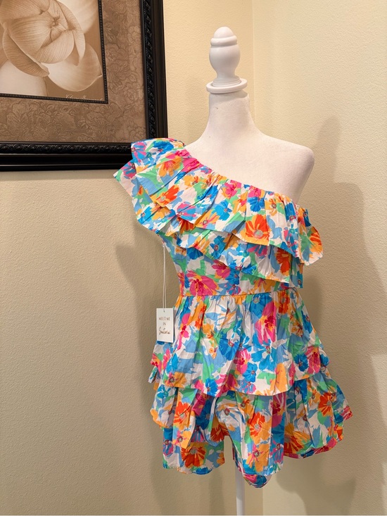 Meet Me In Santorini Pants - Meet Me in Santorini One-Shoulder Floral Ruffle Romper in Multicolor size S NWT